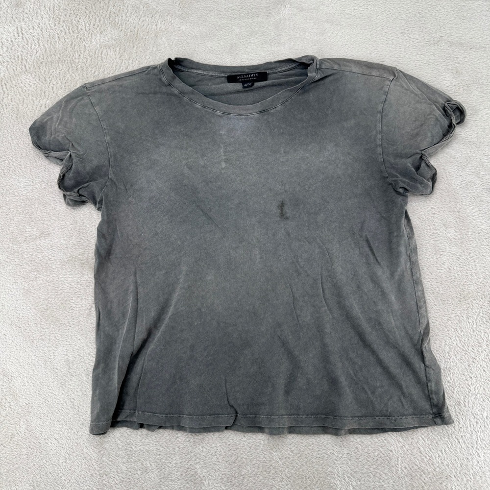 AllSaints Womens US 8 Grey Tee Preowned Stain Faded Short Sleeve Cotton Top